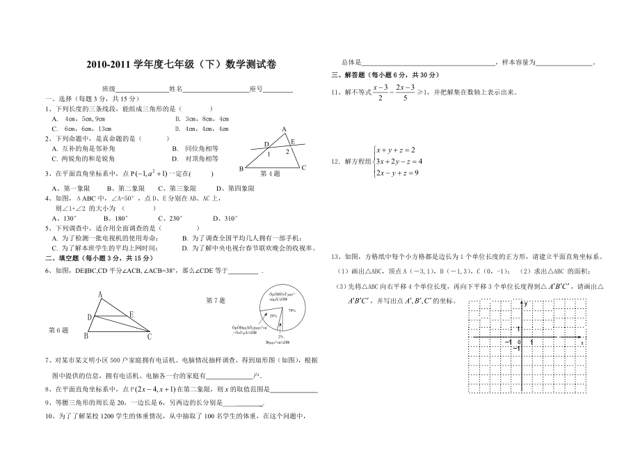 七年級（下） 數(shù)學(xué)測試卷_第1頁