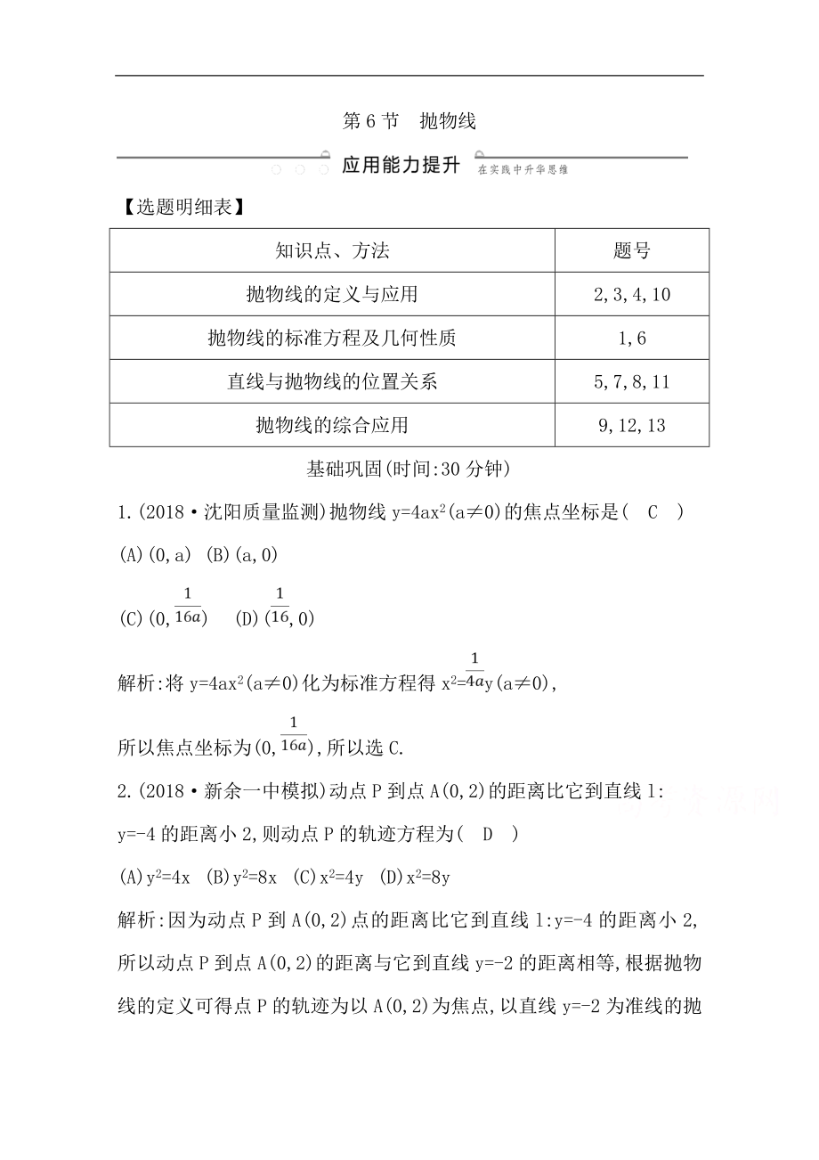 版一輪復習文科數(shù)學習題：第八篇　平面解析幾何必修2、選修11 第6節(jié)　拋物線 Word版含解析_第1頁