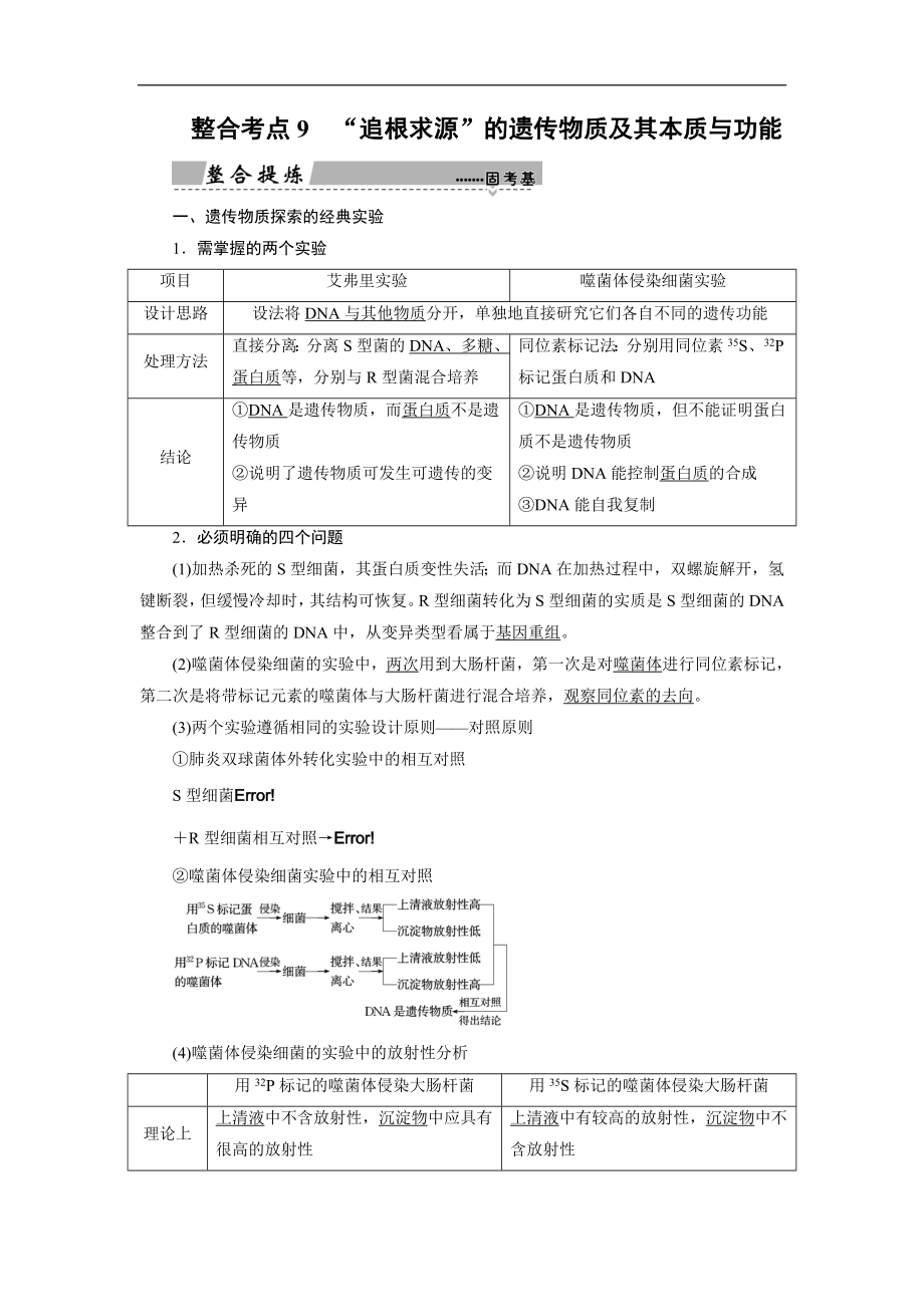 大二輪高考總復(fù)習(xí)生物文檔：第01部分 專題04 生命系統(tǒng)的遺傳、變異、進(jìn)化 整合考點(diǎn)09 “追根求源”的遺傳物質(zhì)及其本質(zhì)與功能 Word版含解析_第1頁