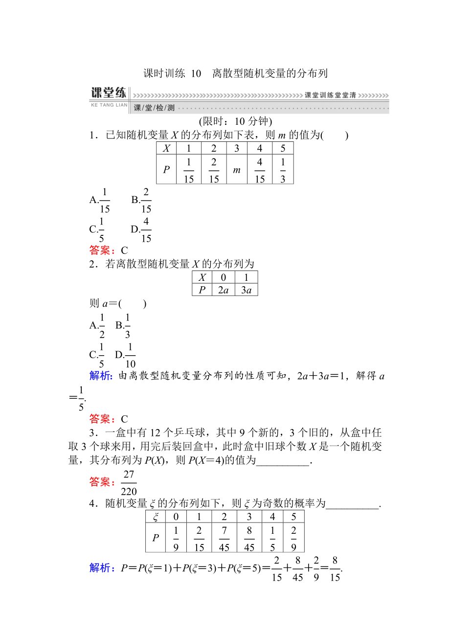 精修版數(shù)學(xué)人教B版新導(dǎo)學(xué)同步選修23課時(shí)訓(xùn)練： 10離散型隨機(jī)變量的分布列 Word版含解析_第1頁(yè)