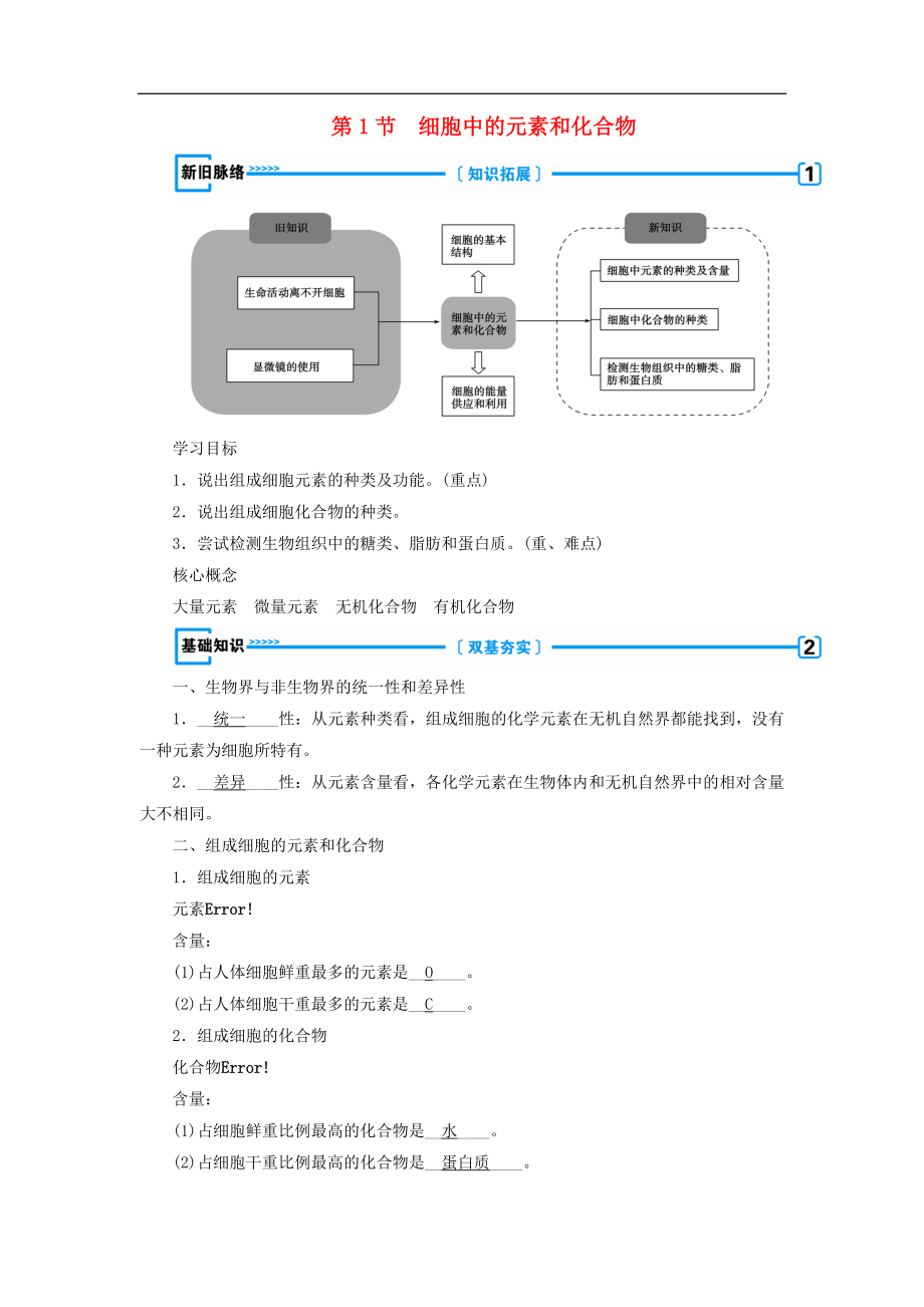 高中生物必修1学案： 第二章 组成细胞的分子 第1节 细胞中的元素和化合物学案 新人教版必修1_第1页