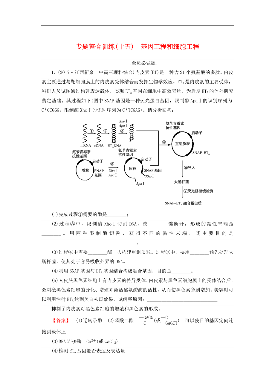 高考生物二輪專題總復(fù)習(xí) 專題整合訓(xùn)練：十五基因工程和細(xì)胞工程_第1頁