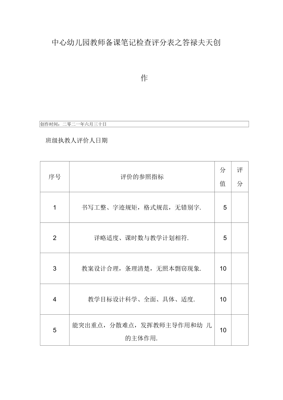 中心幼儿园教师备课笔记检查评分表_第1页