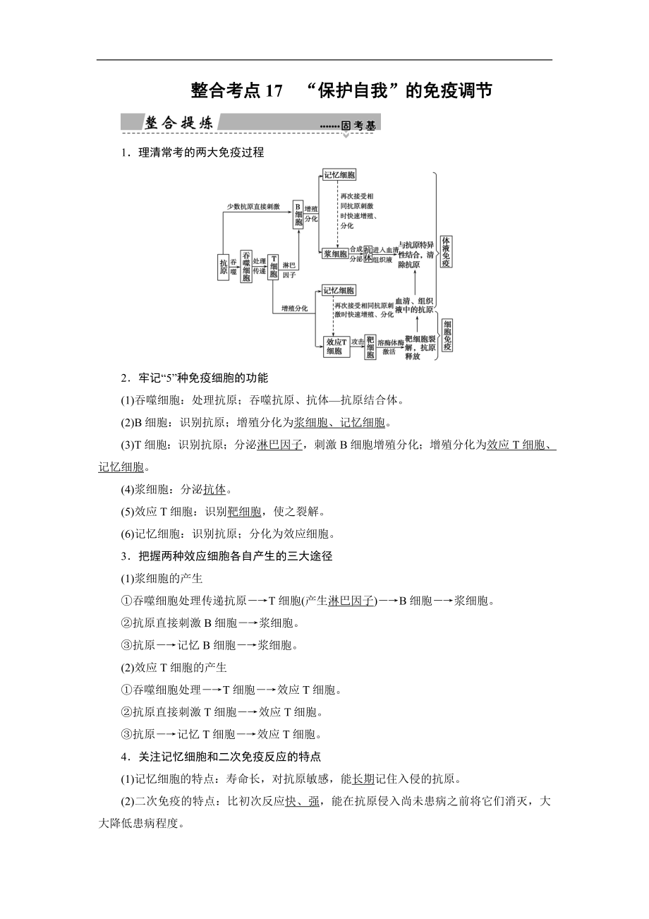 大二輪高考總復習生物文檔：第01部分 專題05 生命系統(tǒng)的穩(wěn)態(tài)及調(diào)節(jié) 整合考點17 “保護自我”的免疫調(diào)節(jié) Word版含解析_第1頁