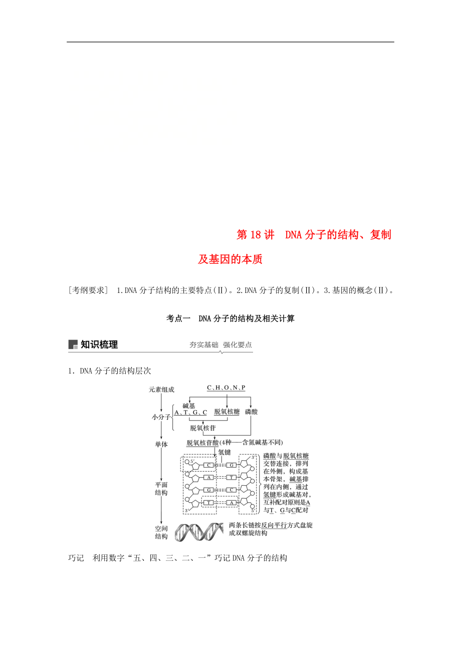 高考生物大一輪復習學案： 第六單元 遺傳的分子基礎 第18講 DNA分子的結構、復制及基因的本質學案_第1頁