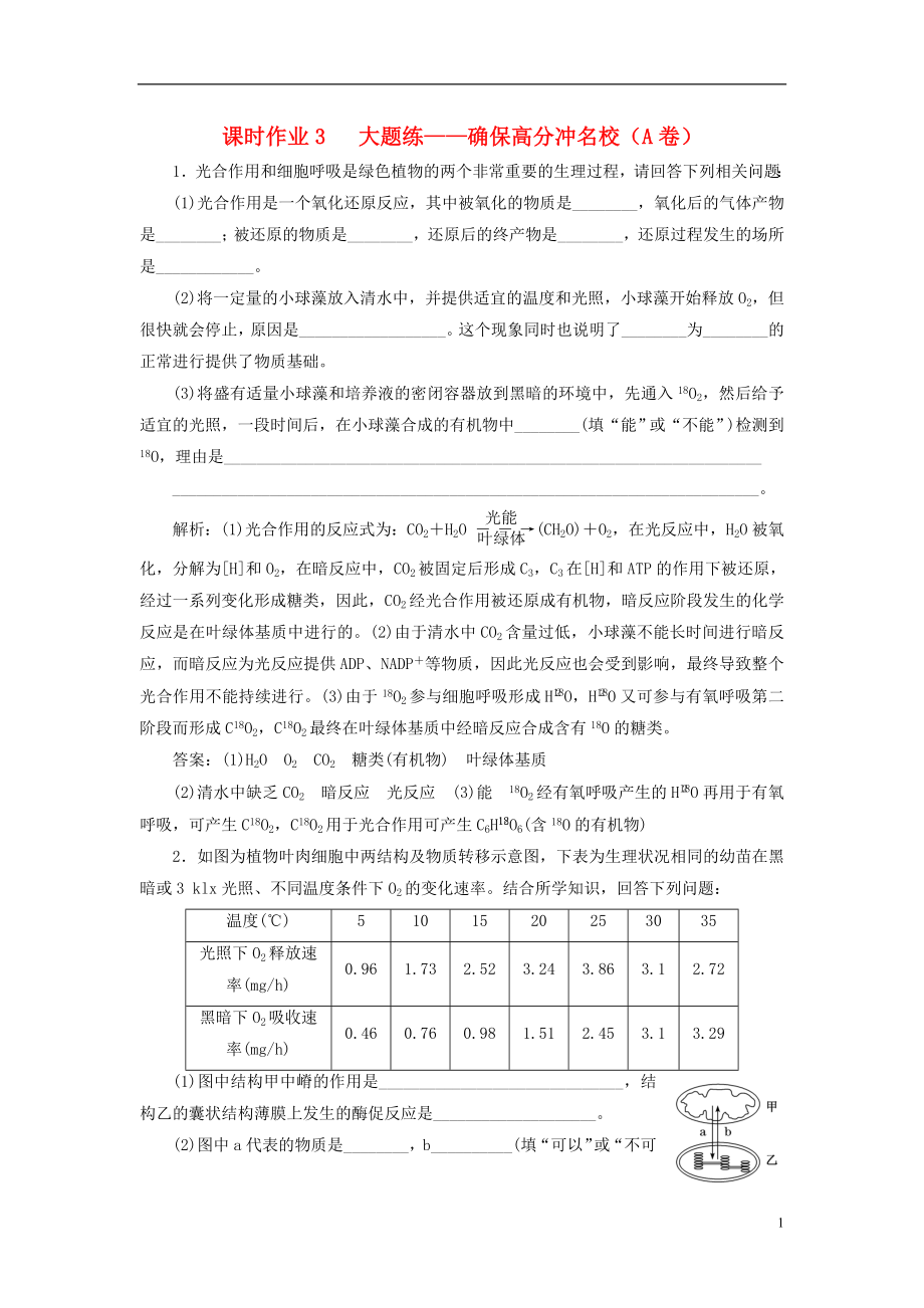 全國通用高考生物二輪復(fù)習(xí)作業(yè)及講義： 專題二 代謝 串講二 細(xì)胞呼吸與光合作用 課時作業(yè)3、4 大題練_第1頁