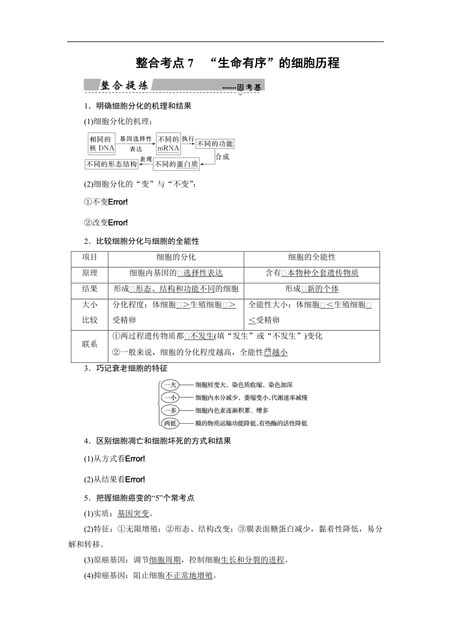 大二輪高考總復(fù)習生物文檔：第01部分 專題03 生命系統(tǒng)的延續(xù) 整合考點07 “生命有序”的細胞歷程 Word版含解析_第1頁