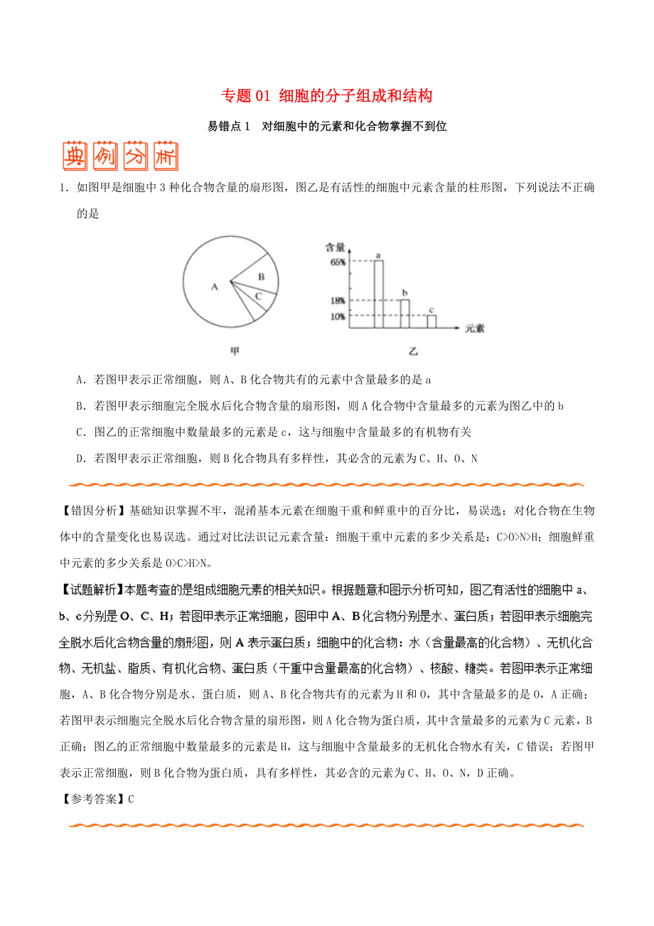 备战高考生物训练题： 纠错笔记 专题01 细胞的分子组成和结构_第1页