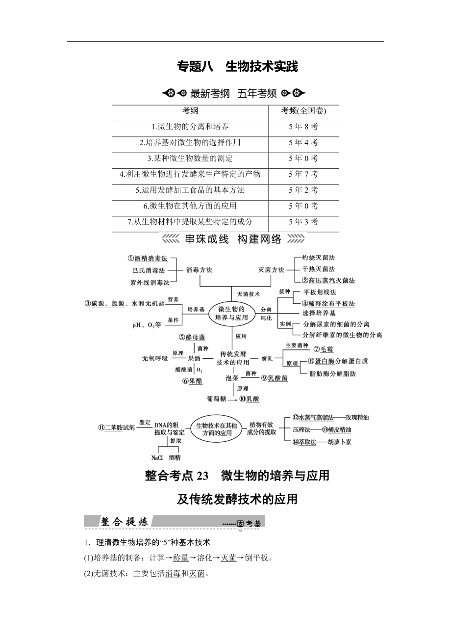 大二輪高考總復(fù)習(xí)生物文檔：第01部分 專題08 生物技術(shù)實(shí)踐 整合考點(diǎn)23 微生物的培養(yǎng)與應(yīng)用及傳統(tǒng)發(fā)酵技術(shù)的應(yīng)用 Word版含解析_第1頁