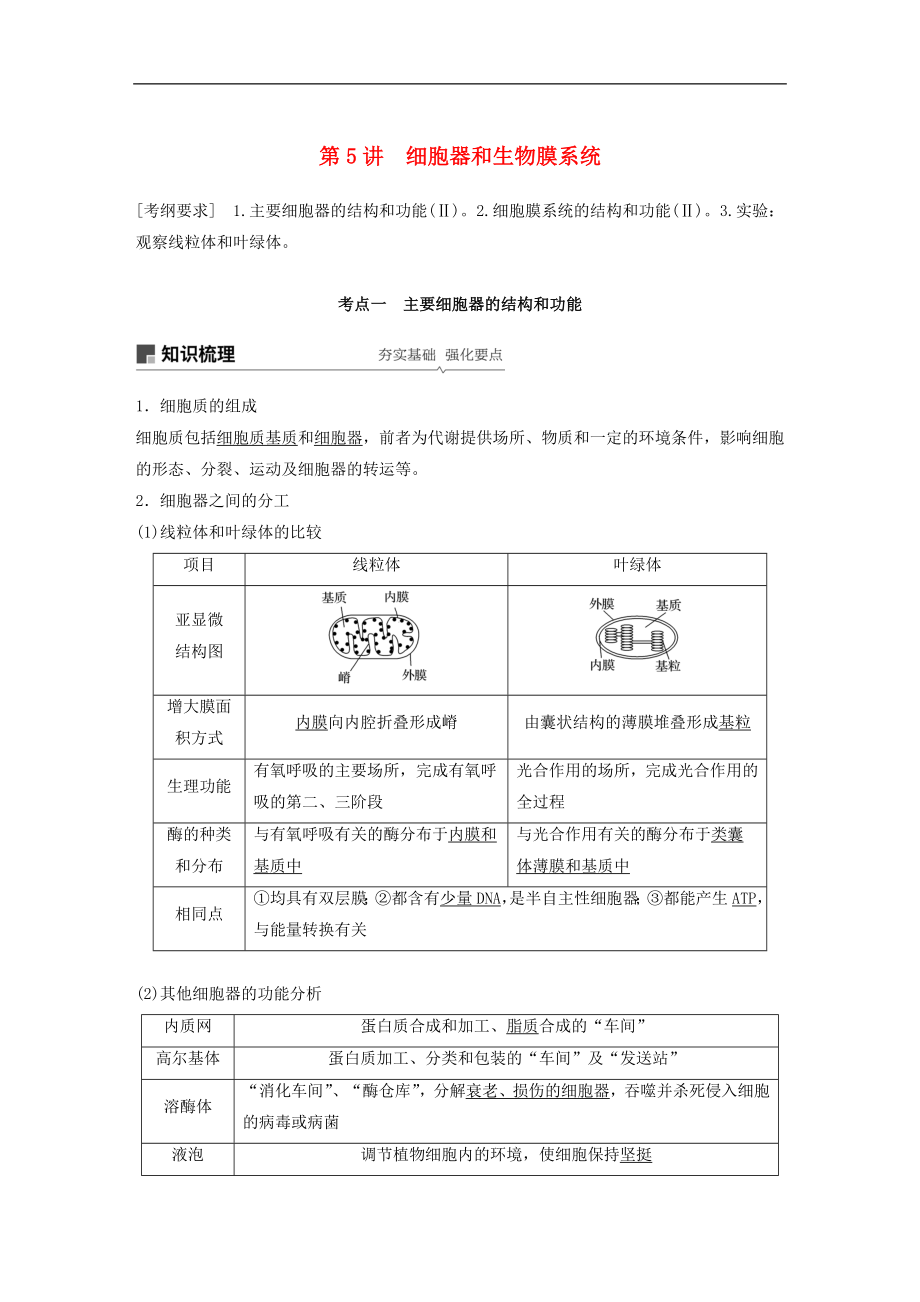 高考生物大一輪復(fù)習(xí)學(xué)案： 第二單元 細胞的基本結(jié)構(gòu)和物質(zhì)的運輸 第5講 細胞器和生物膜系統(tǒng)學(xué)案_第1頁