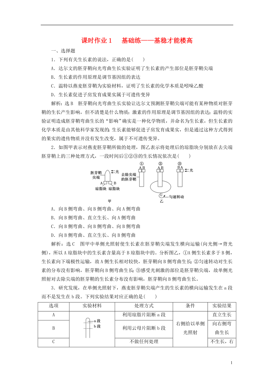 全國通用高考生物二輪復(fù)習(xí)作業(yè)及講義： 專題四 調(diào)節(jié) 串講二 植物的激素調(diào)節(jié) 課時(shí)作業(yè)1 基礎(chǔ)練_第1頁