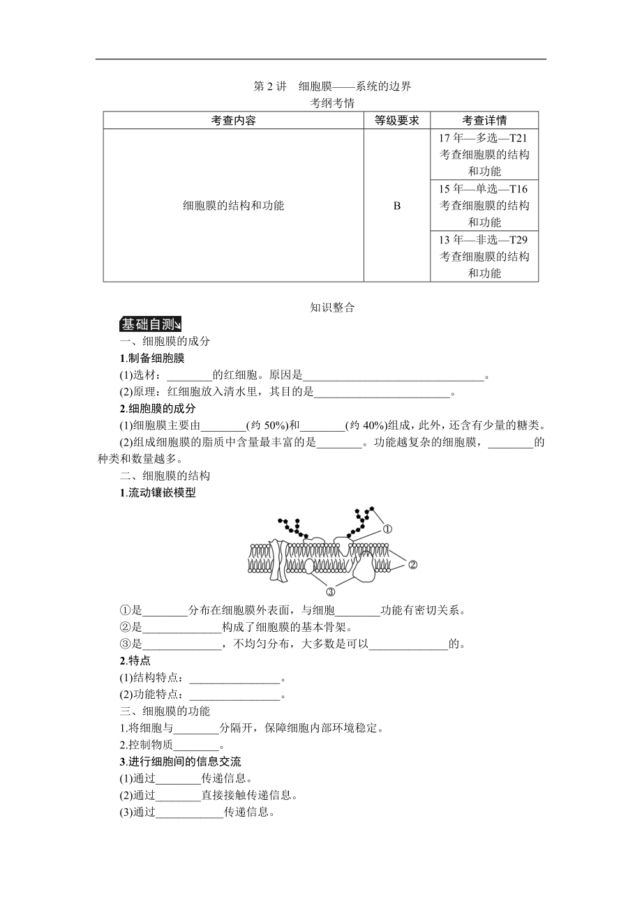 高考生物江苏专用一轮总复习教师用书：第2单元 第2讲　细胞膜——系统的边界 Word版含解析_第1页