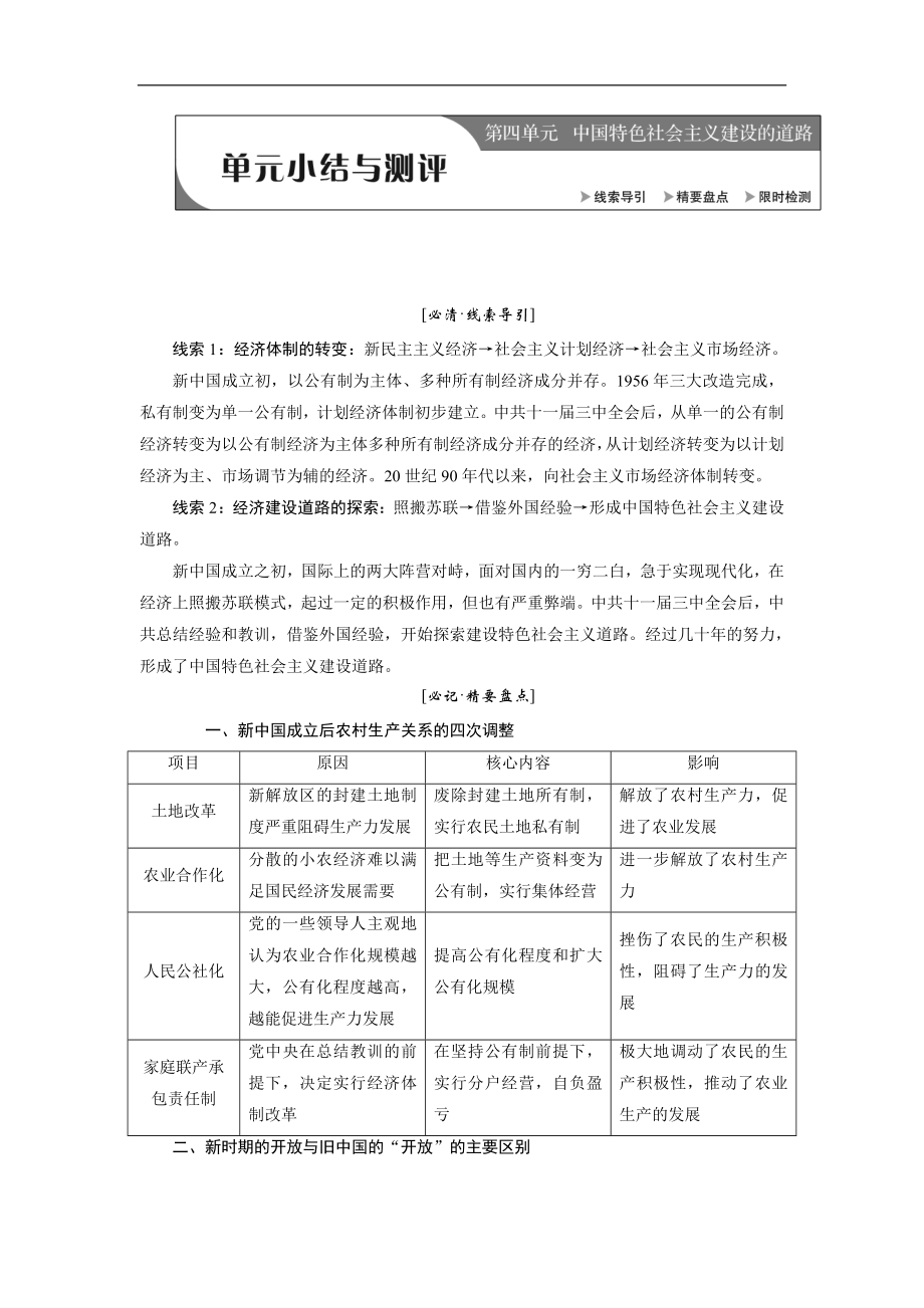 新創(chuàng)新歷史人教版必修2講義：第四單元 單元小結(jié)與測(cè)評(píng) Word版含解析_第1頁(yè)