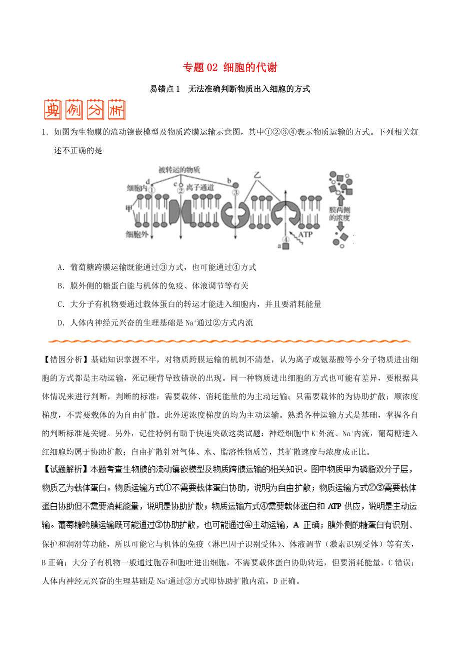 備戰(zhàn)高考生物訓(xùn)練題： 糾錯筆記 專題02 細胞的代謝_第1頁