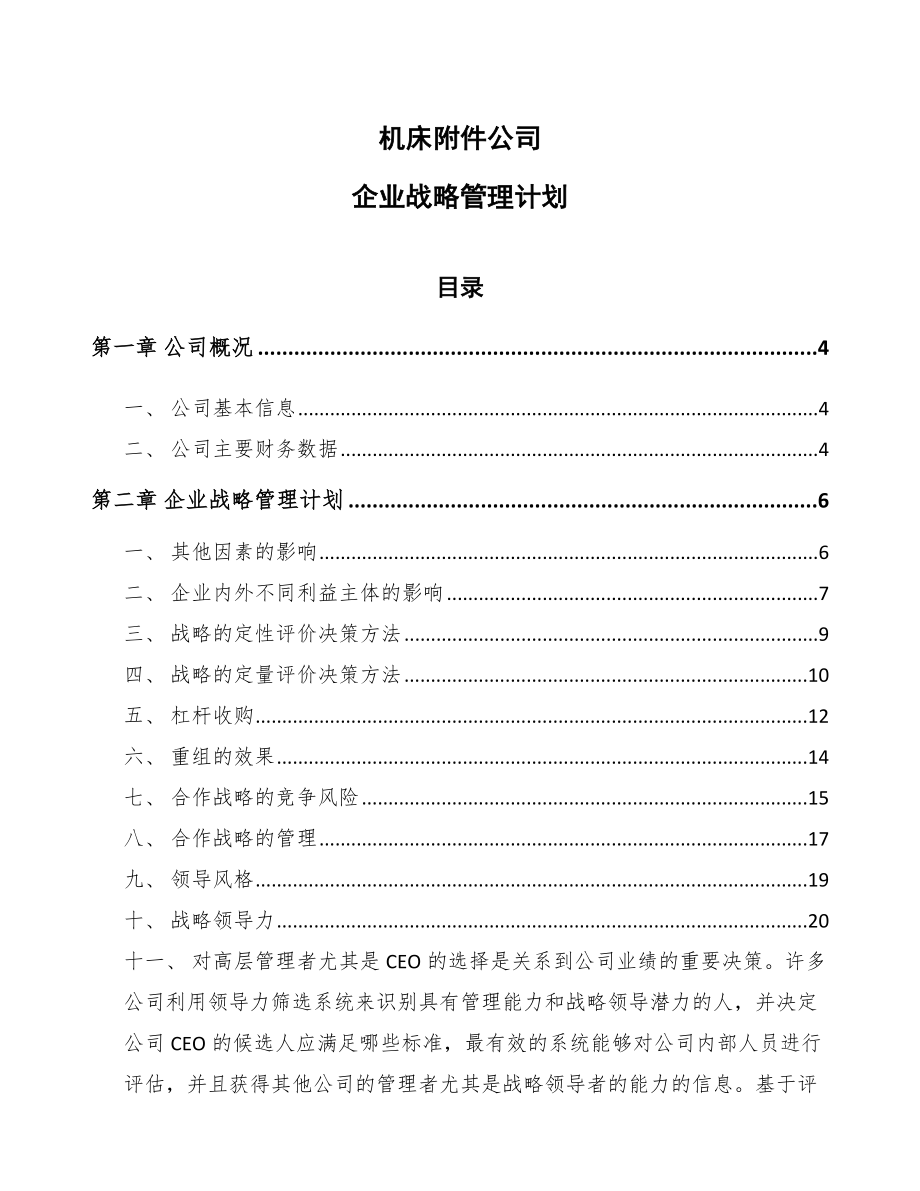 機床附件公司企業(yè)戰(zhàn)略管理計劃【范文】_第1頁