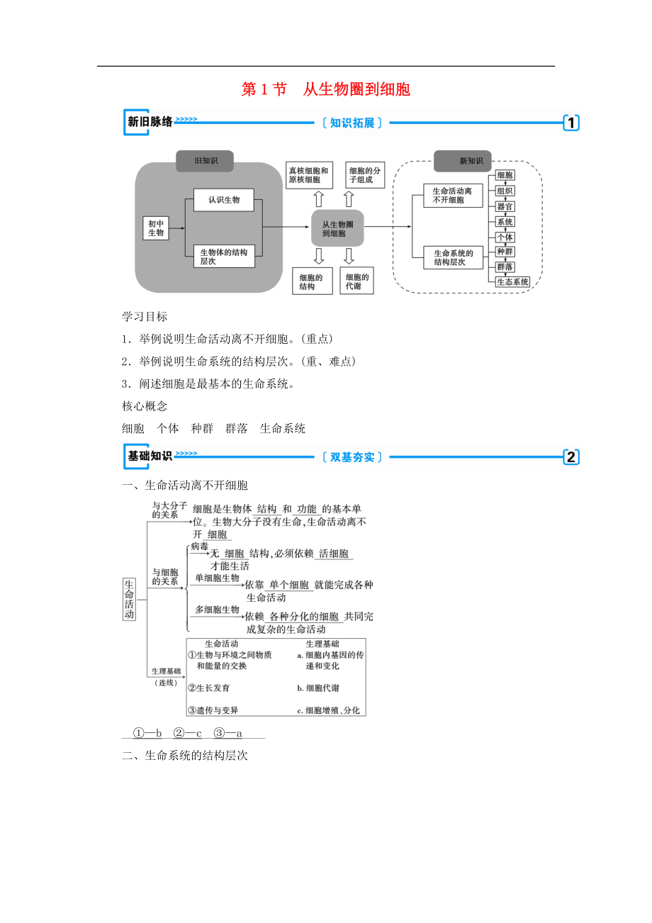 高中生物必修1學案： 第一章 走近細胞第1節(jié) 從生物圈到細胞學案 新人教版必修1_第1頁