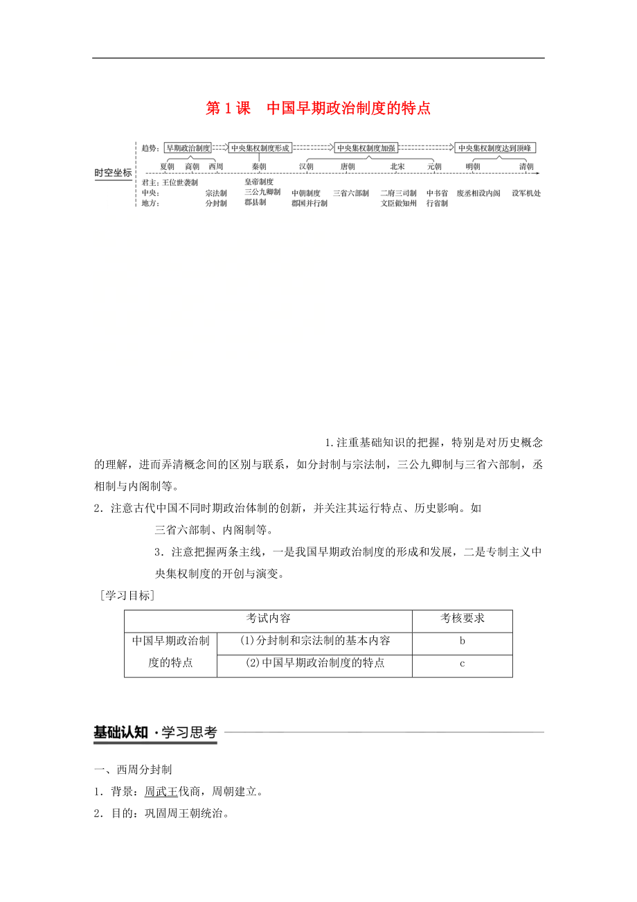 浙江專用版高中歷史 專題一 古代中國(guó)的政治制度 第1課 中國(guó)早期政治制度的特點(diǎn)學(xué)案 人民版必修1_第1頁(yè)