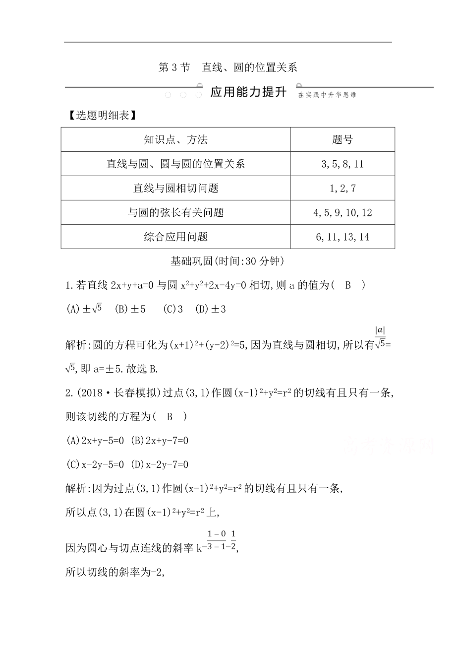 版一輪復(fù)習(xí)文科數(shù)學(xué)習(xí)題：第八篇　平面解析幾何必修2、選修11 第3節(jié)　直線、圓的位置關(guān)系 Word版含解析_第1頁