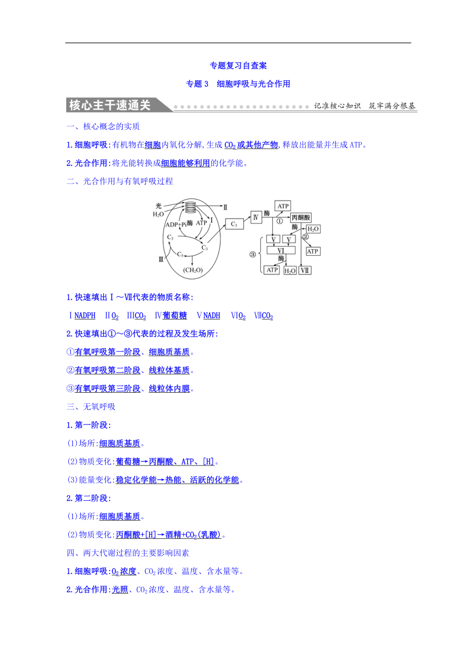 高中生物二輪復(fù)習(xí)練習(xí)：專題三 細(xì)胞呼吸與光合作用 專題復(fù)習(xí)自查案 專題3 Word版含答案_第1頁