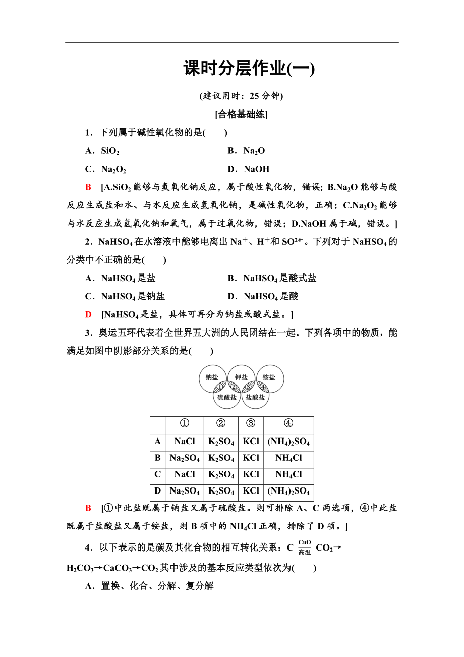 同步蘇教化學(xué)必修一新突破課時分層作業(yè)：1 物質(zhì)的分類與轉(zhuǎn)化 Word版含解析_第1頁