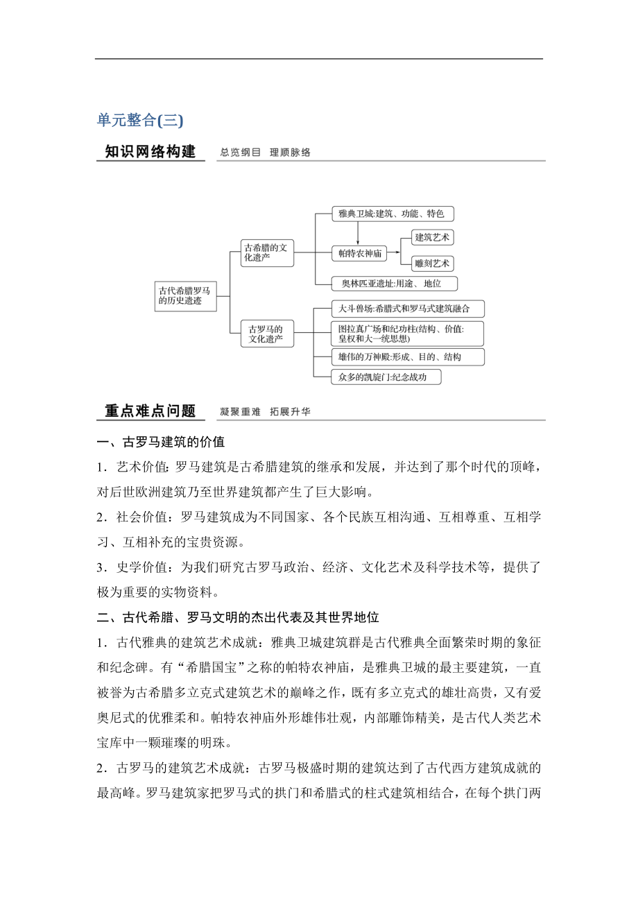 版歷史學案導學與隨堂筆記人教版選修六講義：第3章 古代希臘、羅馬的歷史遺跡 單元整合三 Word版含答案_第1頁