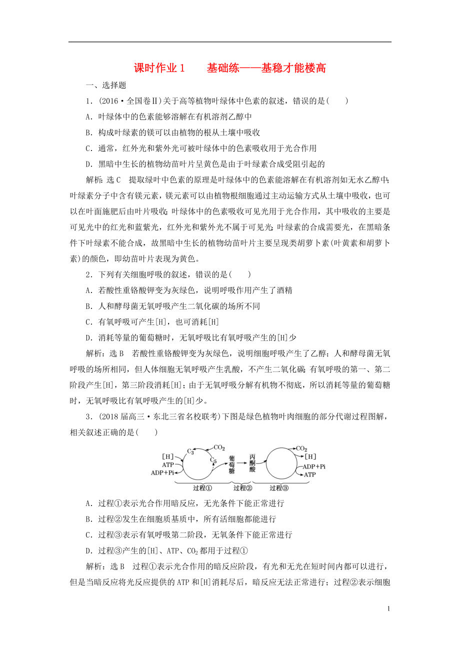 全國(guó)通用高考生物二輪復(fù)習(xí)作業(yè)及講義： 專題二 代謝 串講二 細(xì)胞呼吸與光合作用 課時(shí)作業(yè)1 基礎(chǔ)練_第1頁(yè)