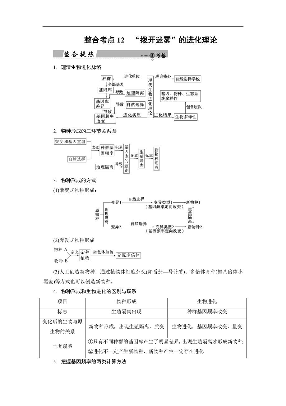 大二轮高考总复习生物文档：第01部分 专题04 生命系统的遗传、变异、进化 整合考点12 “拨开迷雾”的进化理论 Word版含解析_第1页