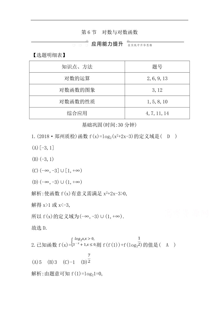 版一輪復(fù)習(xí)文科數(shù)學(xué)習(xí)題：第二篇　函數(shù)及其應(yīng)用必修1 第6節(jié)　對數(shù)與對數(shù)函數(shù) Word版含解析_第1頁