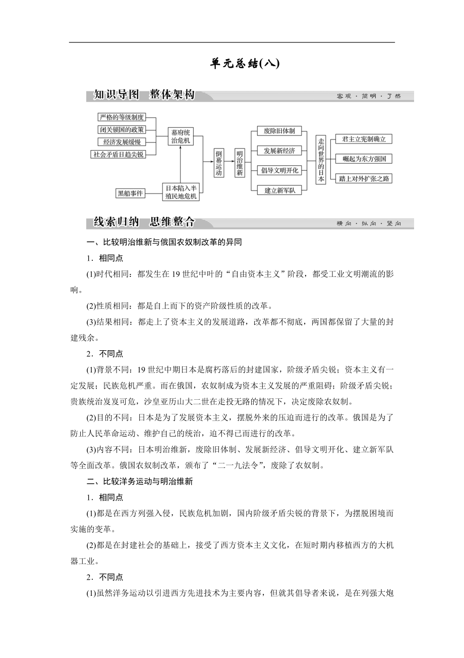 高中歷史人教版選修一文檔：第八單元 日本明治維新 單元總結(jié)8 Word版含答案_第1頁