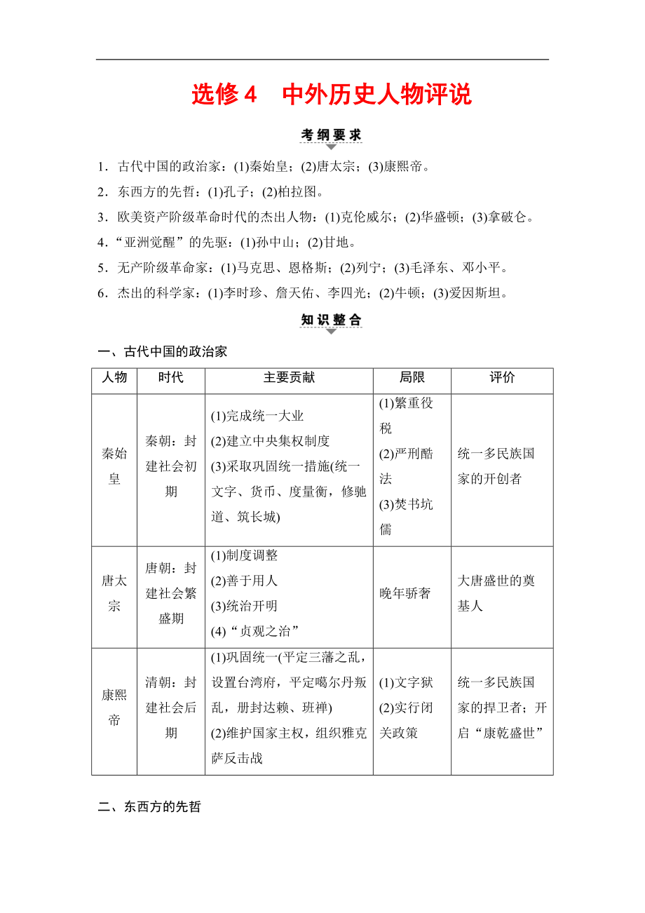 版高考歷史二輪通史版教師用書：第一部分 選修篇 選修4　中外歷史人物評說 Word版含解析_第1頁