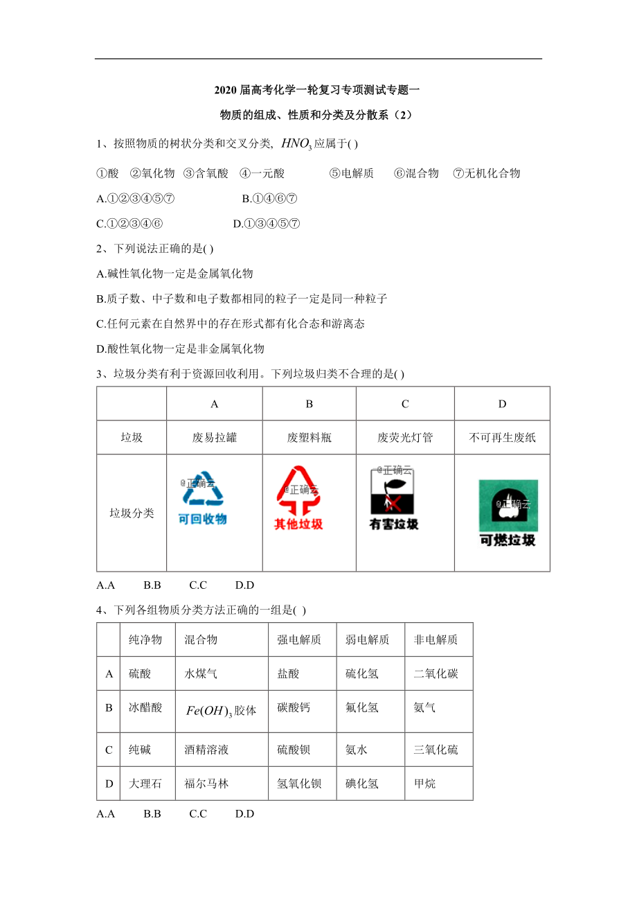 高考化學二輪復習專項測試：專題一 物質(zhì)的組成、性質(zhì)和分類及分散系 2 Word版含答案_第1頁