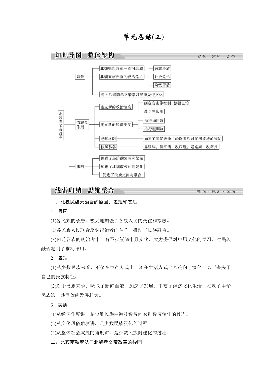 高中歷史人教版選修一文檔：第三單元 北魏孝文帝改革 單元總結(jié)3 Word版含答案_第1頁