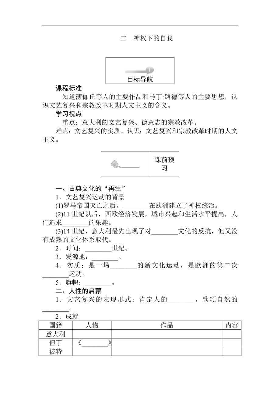 高二歷史人民版必修3課前預習 課堂作業(yè) 課后作業(yè)：6.2神權下的自我 Word版含解析_第1頁