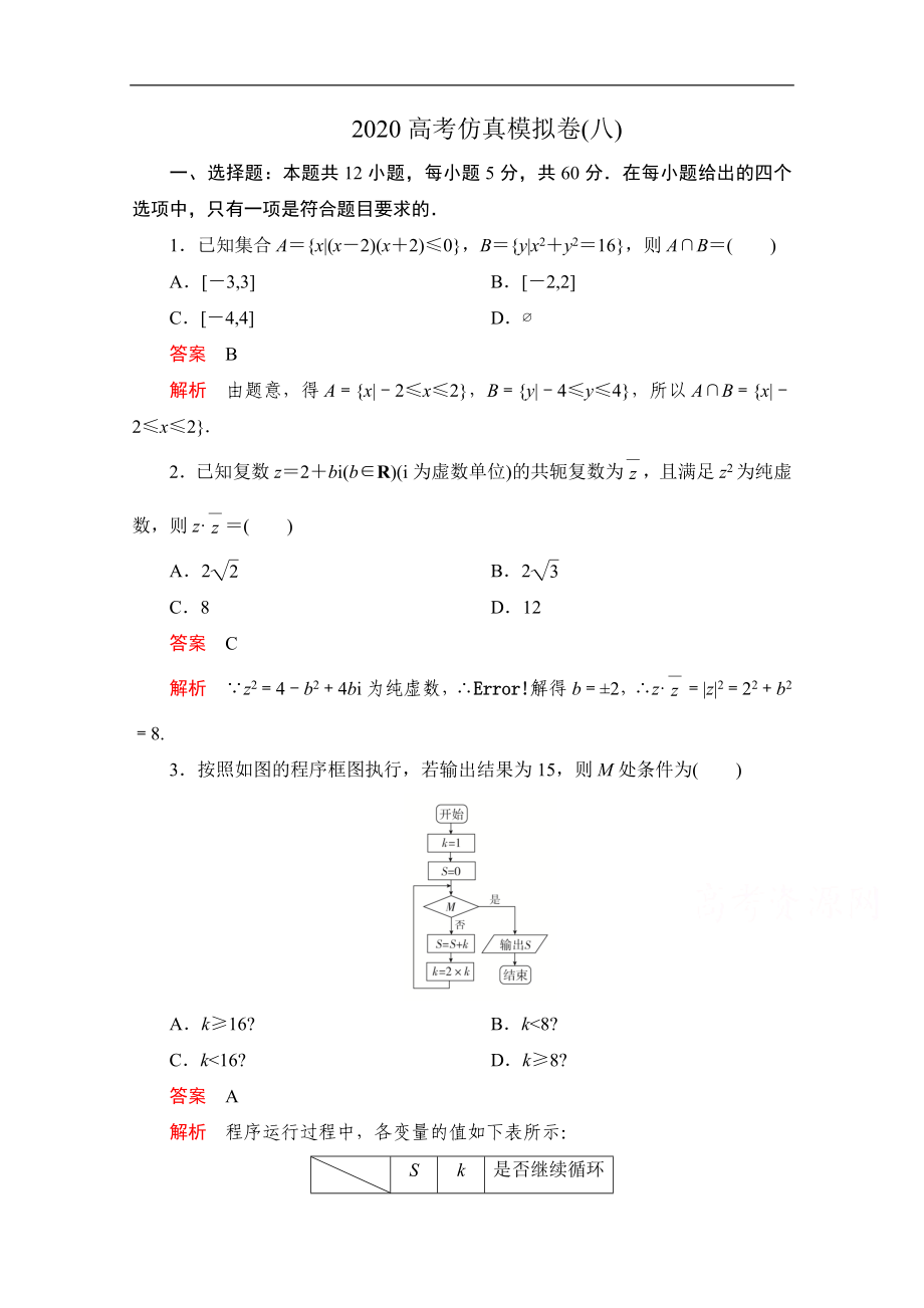 高考数学大二轮刷题首选卷理数文档：第三部分 高考仿真模拟卷八 Word版含解析_第1页