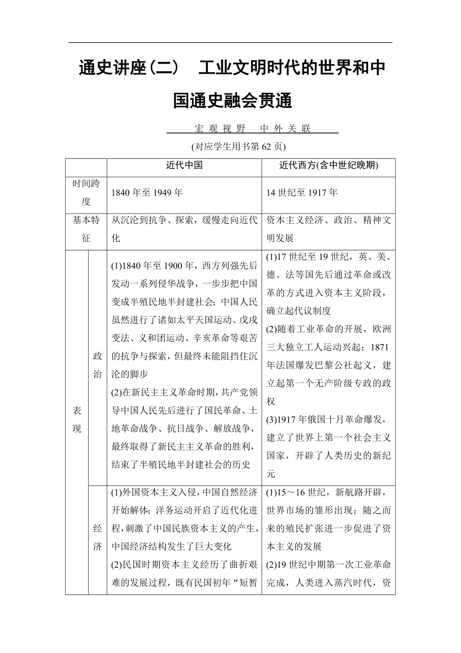 版高考歷史江蘇專用二輪教師用書：第1部分 近代篇 通史講座2　工業(yè)文明時代的世界和中國通史融會貫通_第1頁