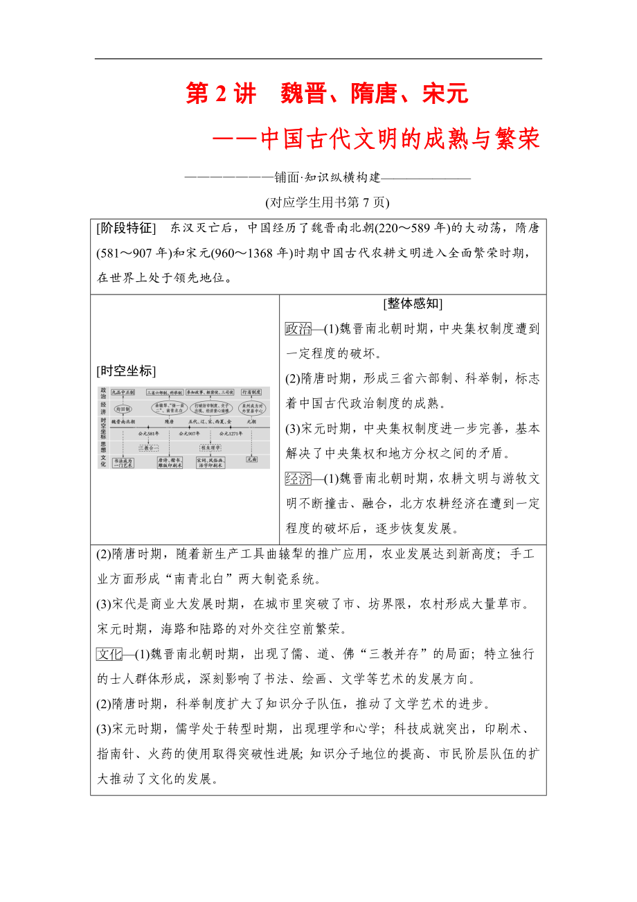 版高考?xì)v史二輪通史版教師用書：第一部分 古代篇 第2講　魏晉、隋唐、宋元——中國(guó)古代文明的成熟與繁榮 Word版含解析_第1頁(yè)