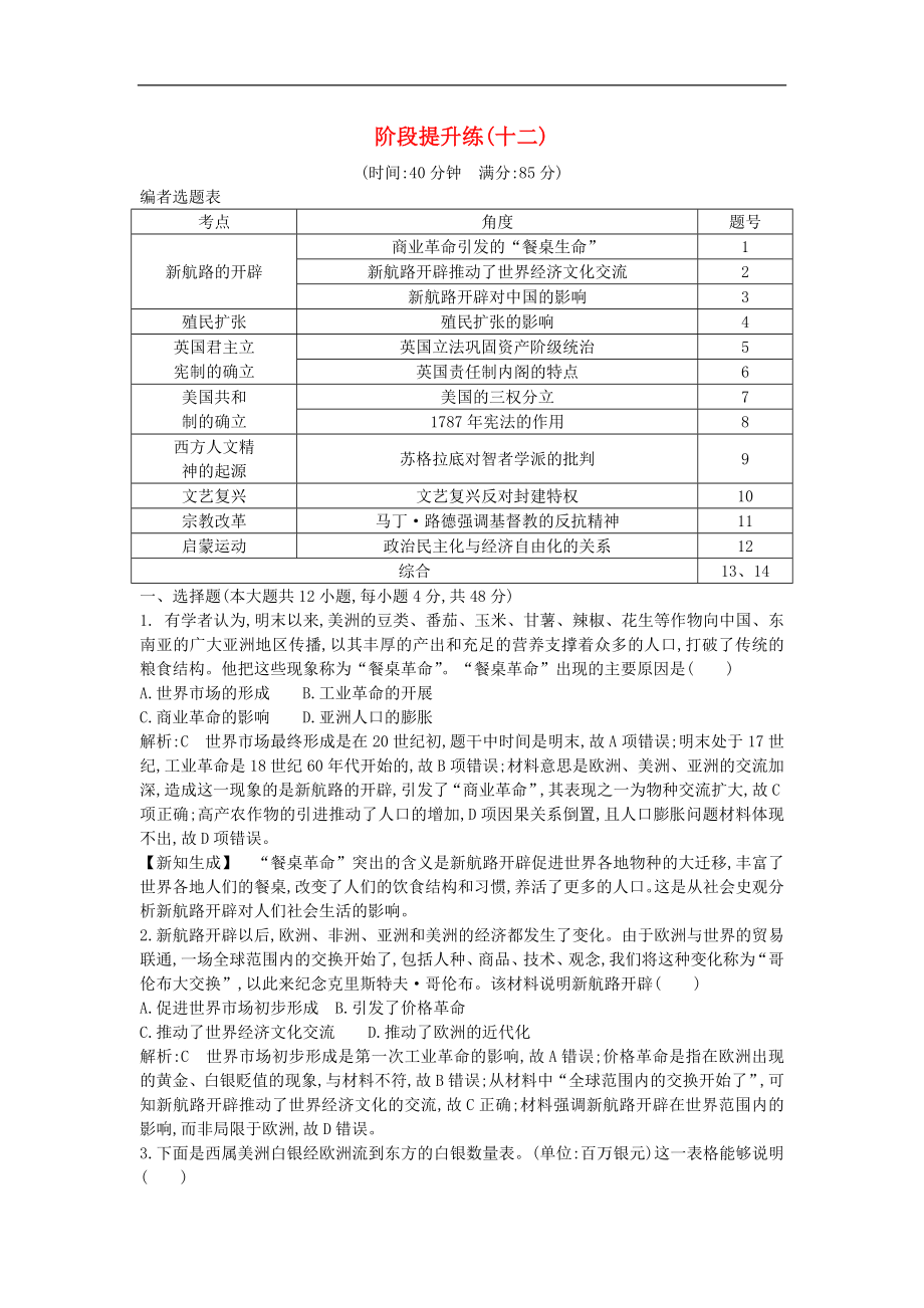 通史版高考歷史一輪復習訓練題： 階段提升練十二_第1頁