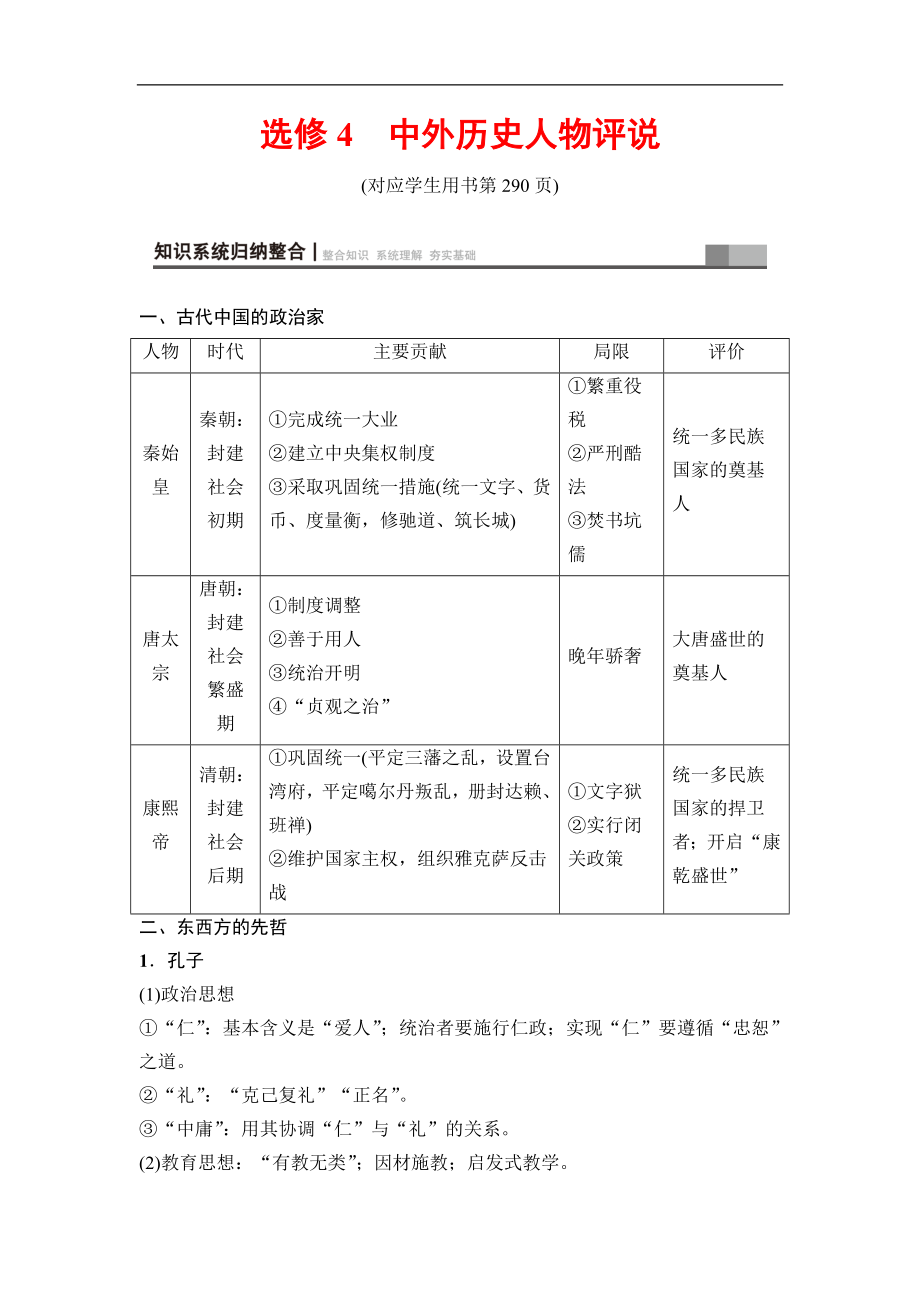 高三歷史人教版一輪教師用書：選考部分 選修4　中外歷史人物評說 Word版含解析_第1頁