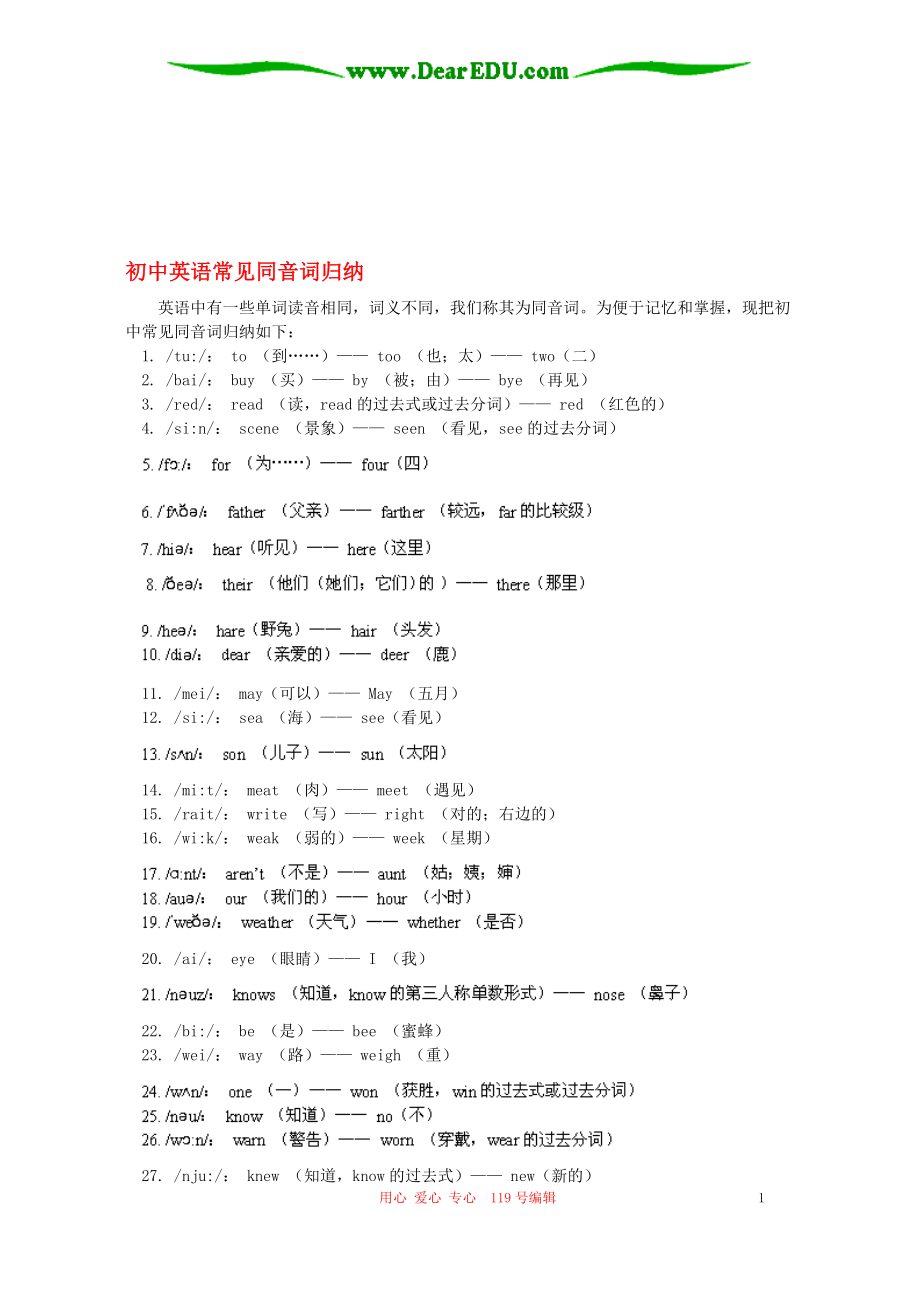 初中英语常见同音词归纳 专题辅导 不分版本_第1页