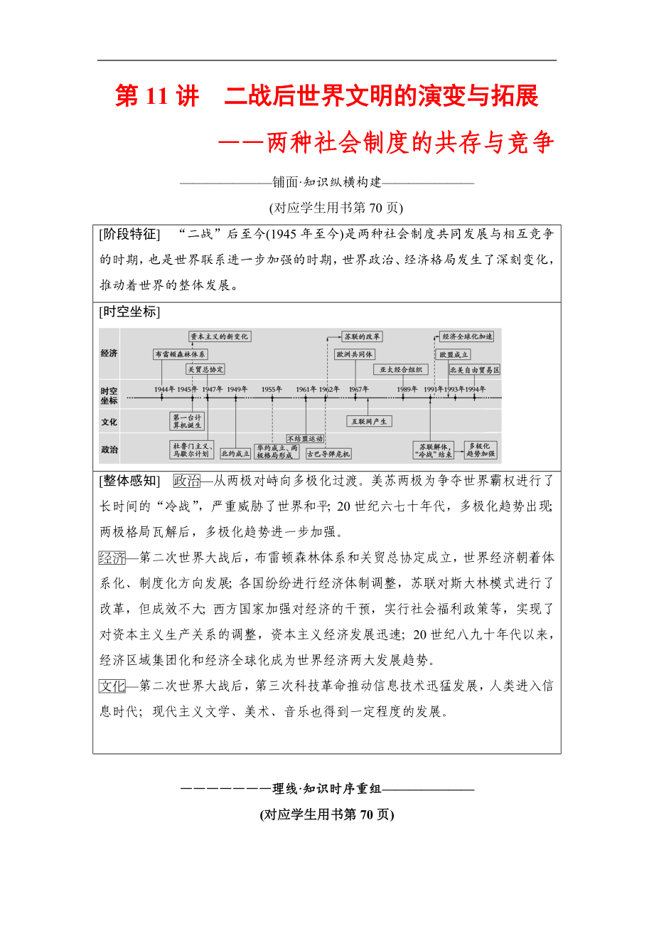 版高考?xì)v史二輪通史版教師用書：第一部分 現(xiàn)代篇 第11講　二戰(zhàn)后世界文明的演變與拓展——兩種社會制度的共存與競爭 Word版含解析_第1頁