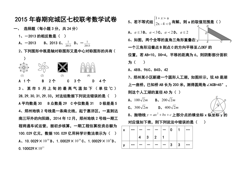河南省南阳宛城区九年级七校联考3月数学试卷及答案_第1页