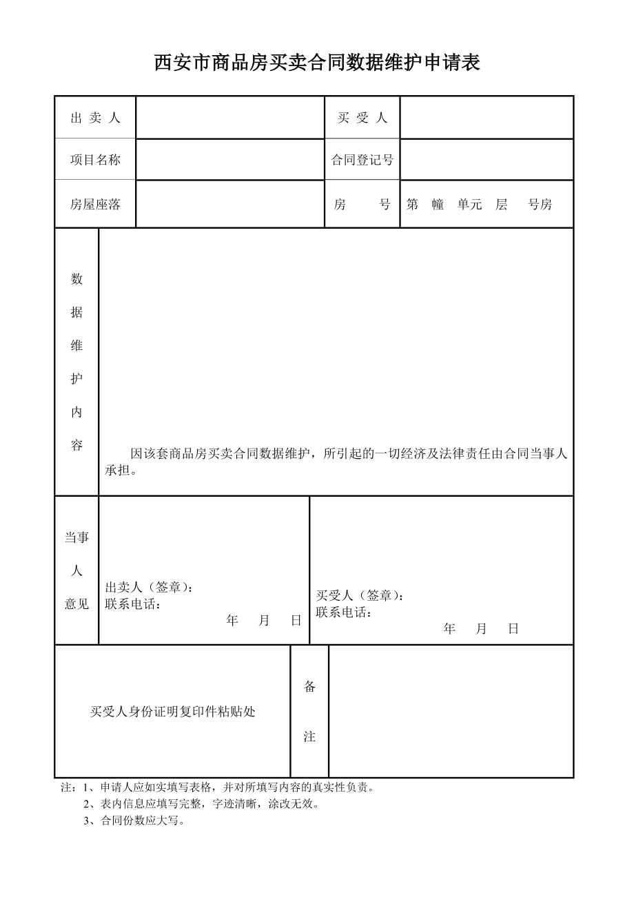 西安市商品房买卖合同数据维护申请表_第1页