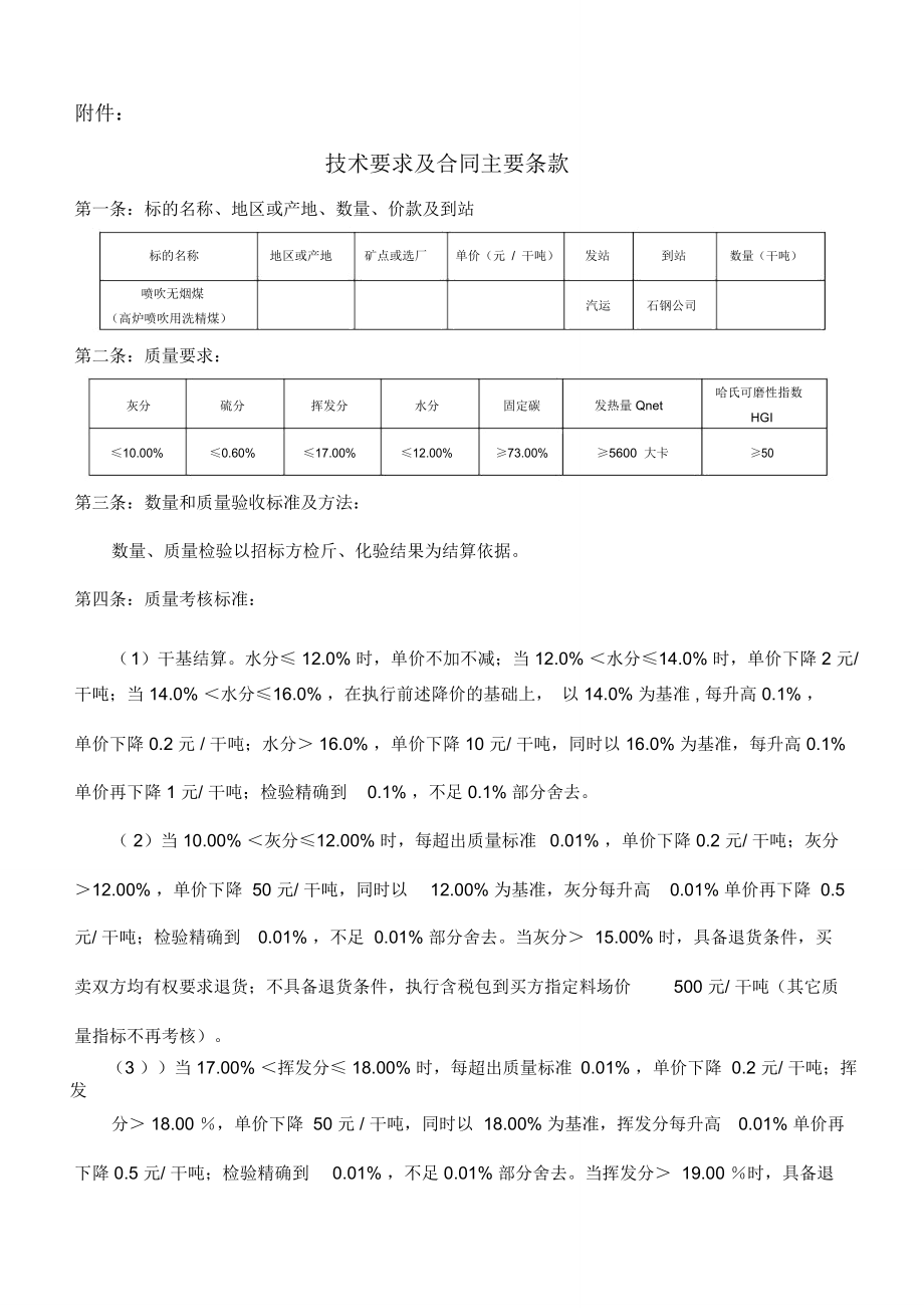 SW1901027河鋼石鋼高爐噴吹洗精煤采購(gòu)技術(shù)及合同主要條款_第1頁(yè)