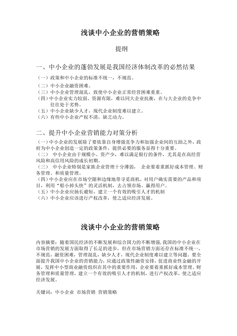 浅谈中小企业的营销策略营销毕业论文_第1页