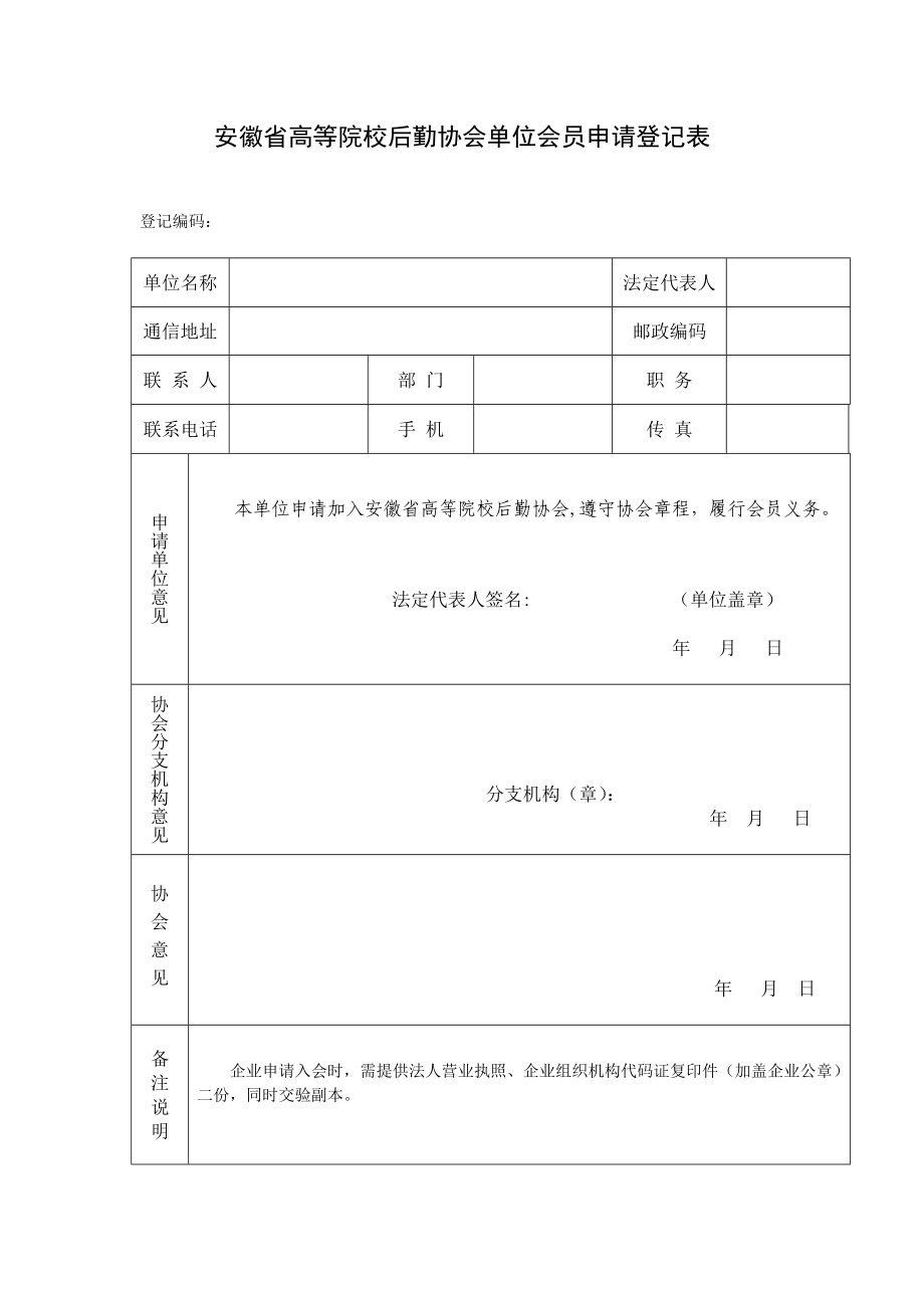 安徽省高等院校后勤协会单位会员申请登记表_第1页