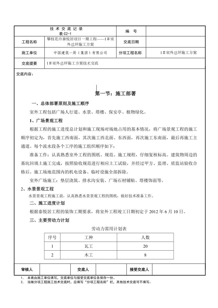 重庆某小区室外总坪施工方案技术交底(广场景观、水景景观)_第1页