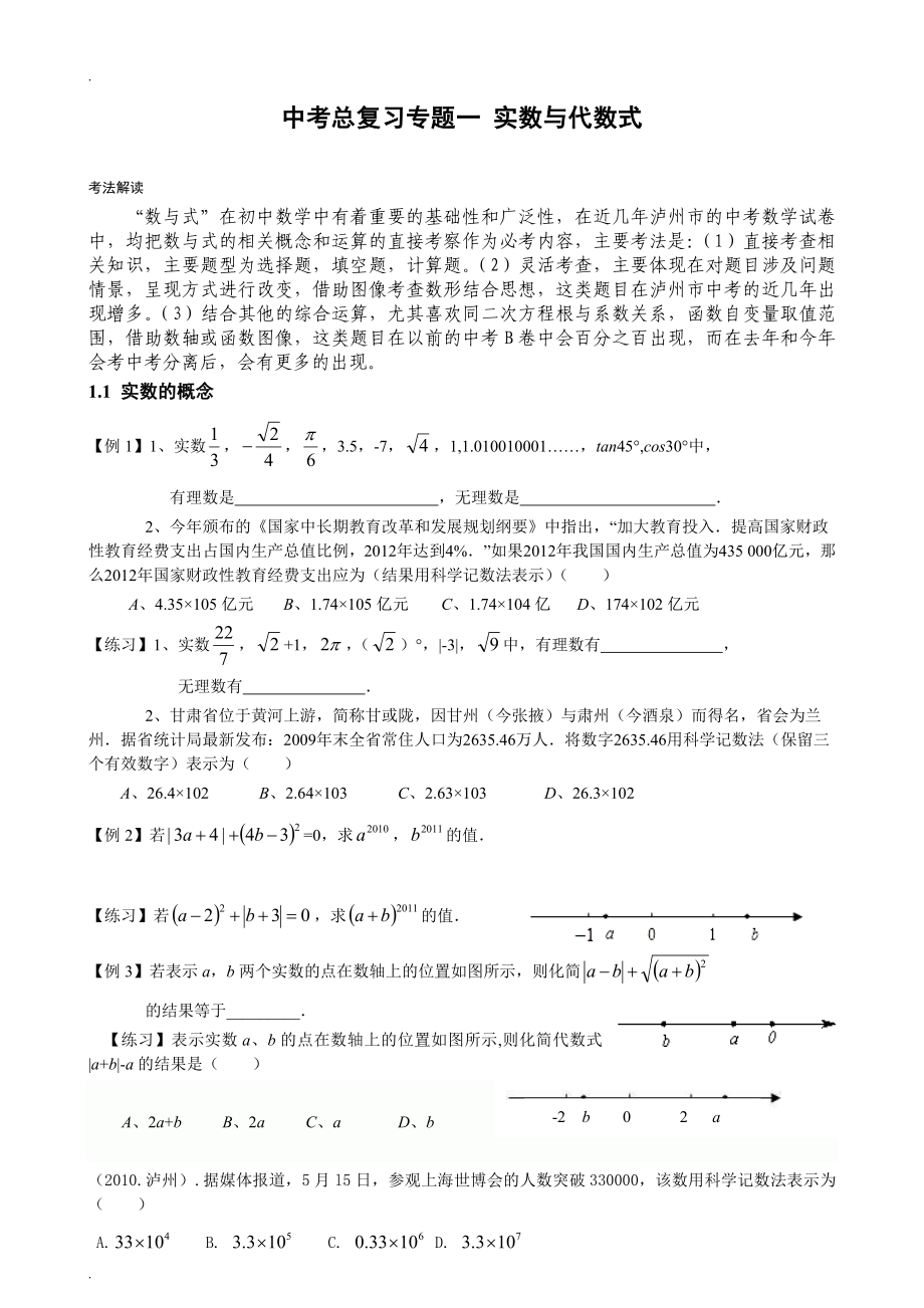 数学中考总复习专题一实数与代数式_第1页