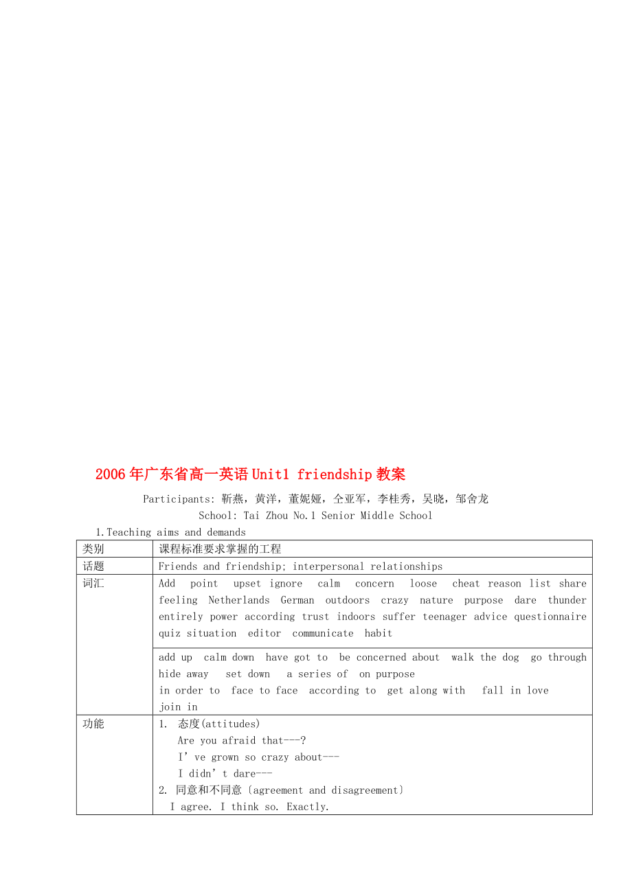 2006年广东省高一英语Unit1 friendship教案 新课标 人教版-文档_第1页