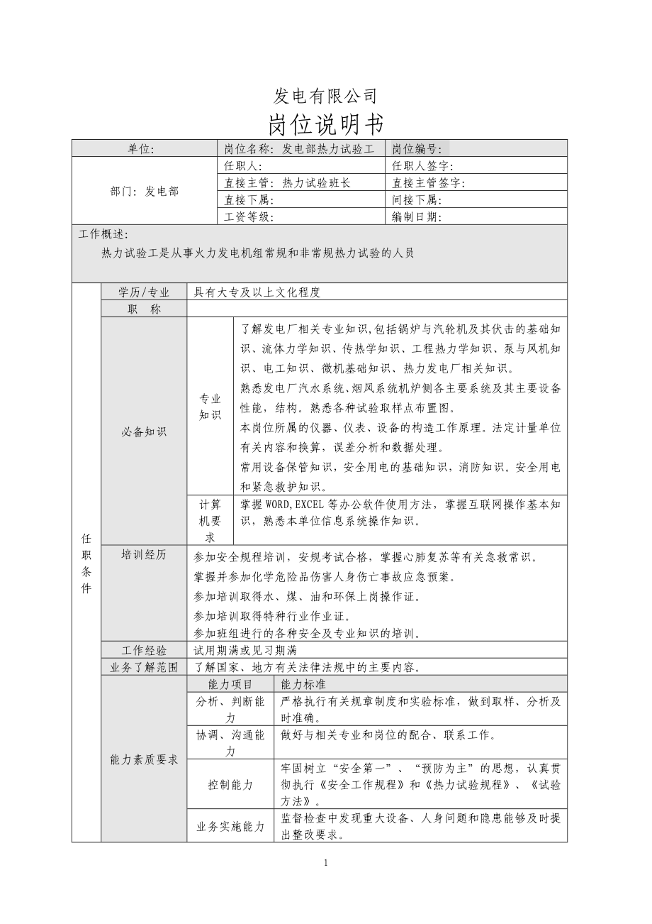 发电部化验员岗位说明书_第1页