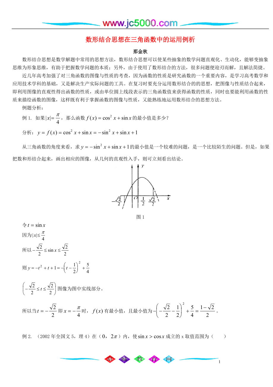 數(shù)形結合思想在三角函數(shù)中的運用例析 學法指導 不分版本_第1頁